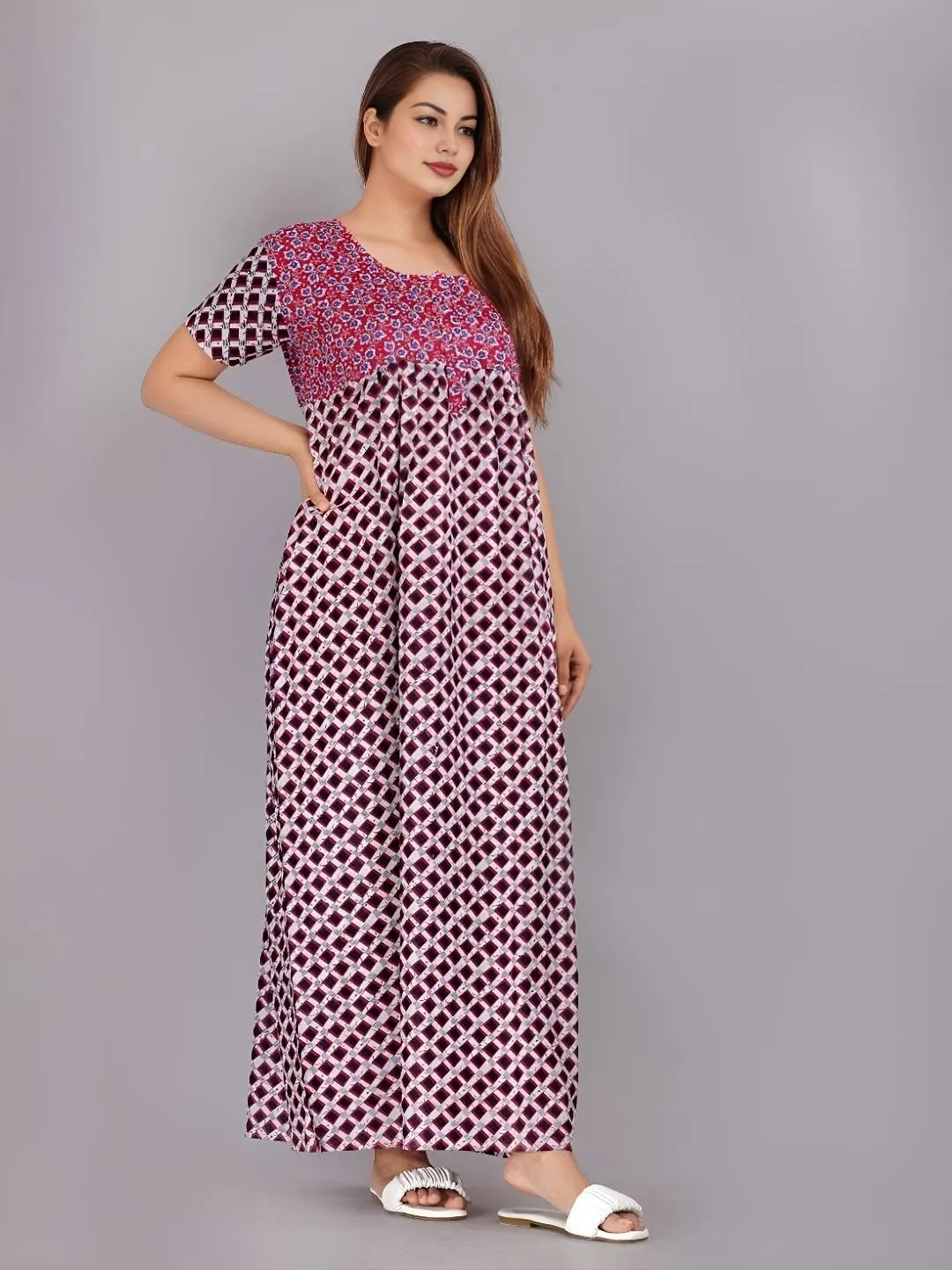 Womens Nightgown Cotton Sleepwear Nightshirt Short Sleeve Print Sleepshirt Sleepdress plus size Maxi Nighty Dress