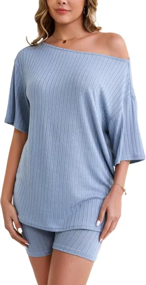 Womens Pajama Set 2 Piece Off Shoulder Summer Outfits Ribbed Knit Biker Short Sets