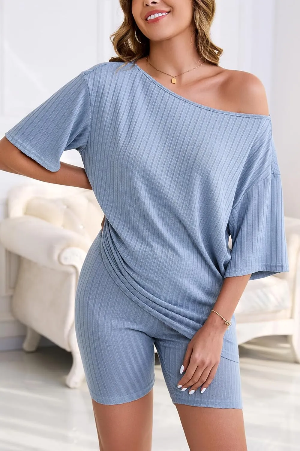 Womens Pajama Set 2 Piece Off Shoulder Summer Outfits Ribbed Knit Biker Short Sets