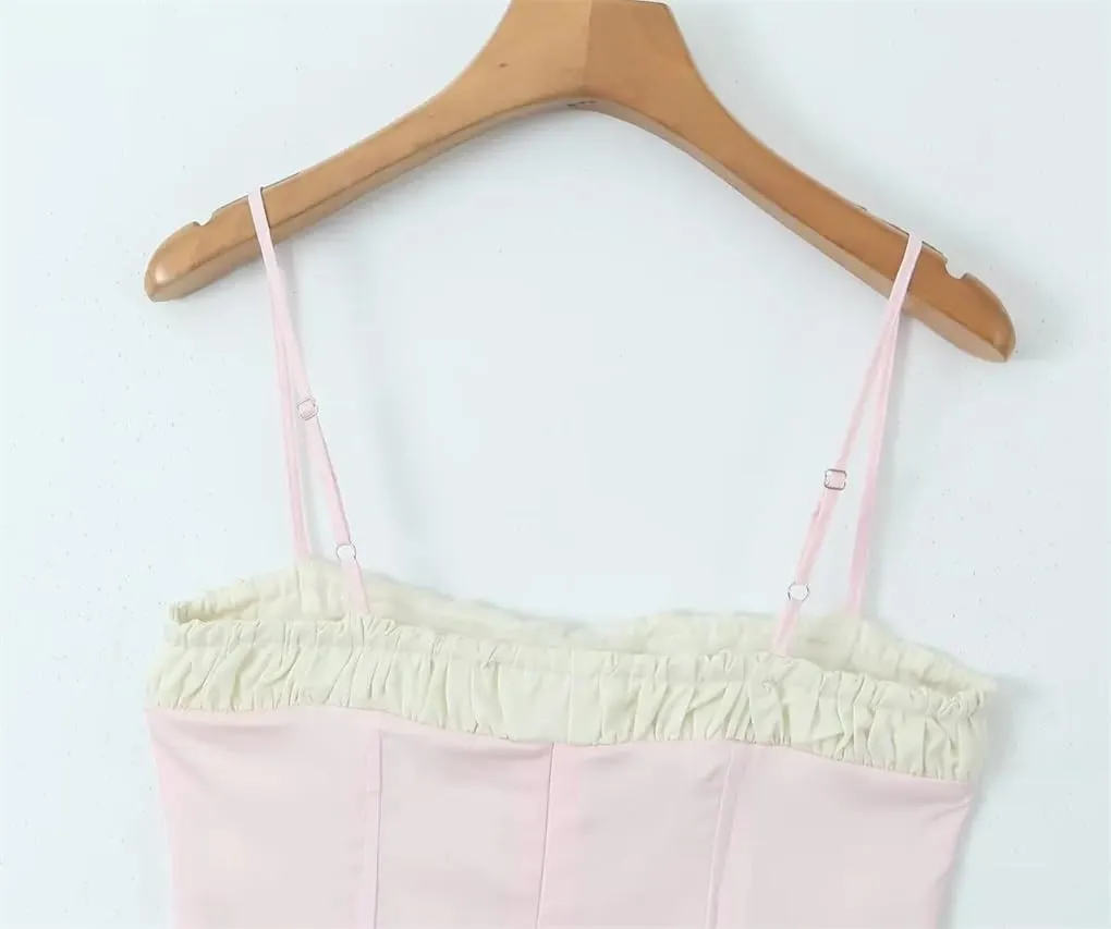 Women's Patchwork Contrast Bow Embellished Pleated Slim-Fit Camisole