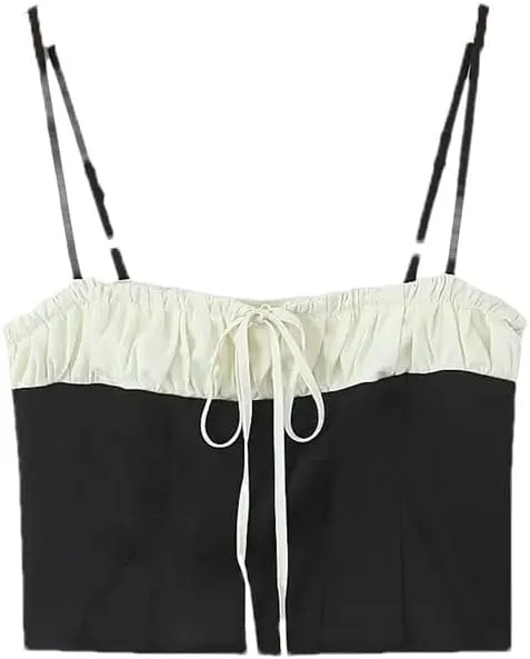 Women's Patchwork Contrast Bow Embellished Pleated Slim-Fit Camisole