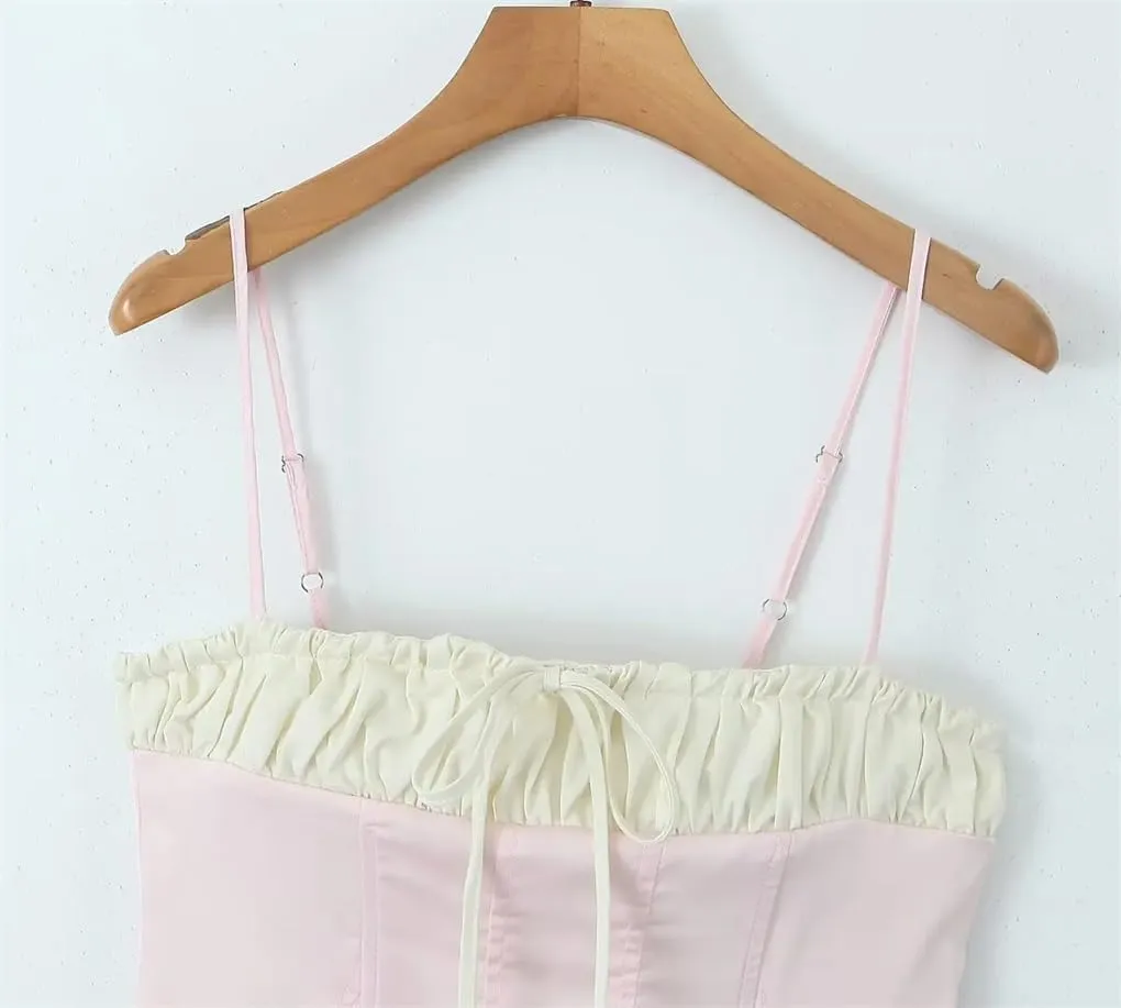 Women's Patchwork Contrast Bow Embellished Pleated Slim-Fit Camisole
