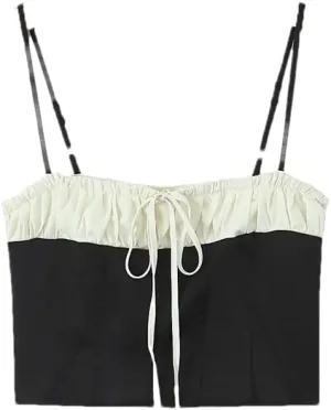 Women's Patchwork Contrast Bow Embellished Pleated Slim-Fit Camisole
