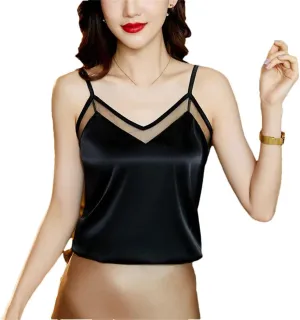 Women's Satin Top Cropped V-Neck Slim Silk Camisole Solid Color Backless Basic Female Sleeveless Tops