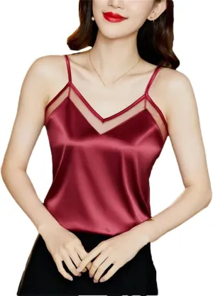 Women's Satin Top Cropped V-Neck Slim Silk Camisole Solid Color Backless Basic Female Sleeveless Tops