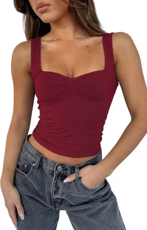 Women's Sleeveless Backless Crop Tank Top Sexy Pleated Bustier Sweetheart Neck Strappy Y2K Cami Cropped Tops