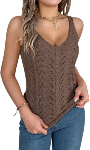 Womens Sleeveless Camisole Tank Tops Blouse Casual Hollow Knit V Neck Tank Top