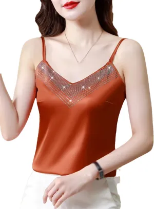 Women's Spaghetti Strap Backless Camisole Satin V-Neck Rhinestones Sexy Party Cropped Tops