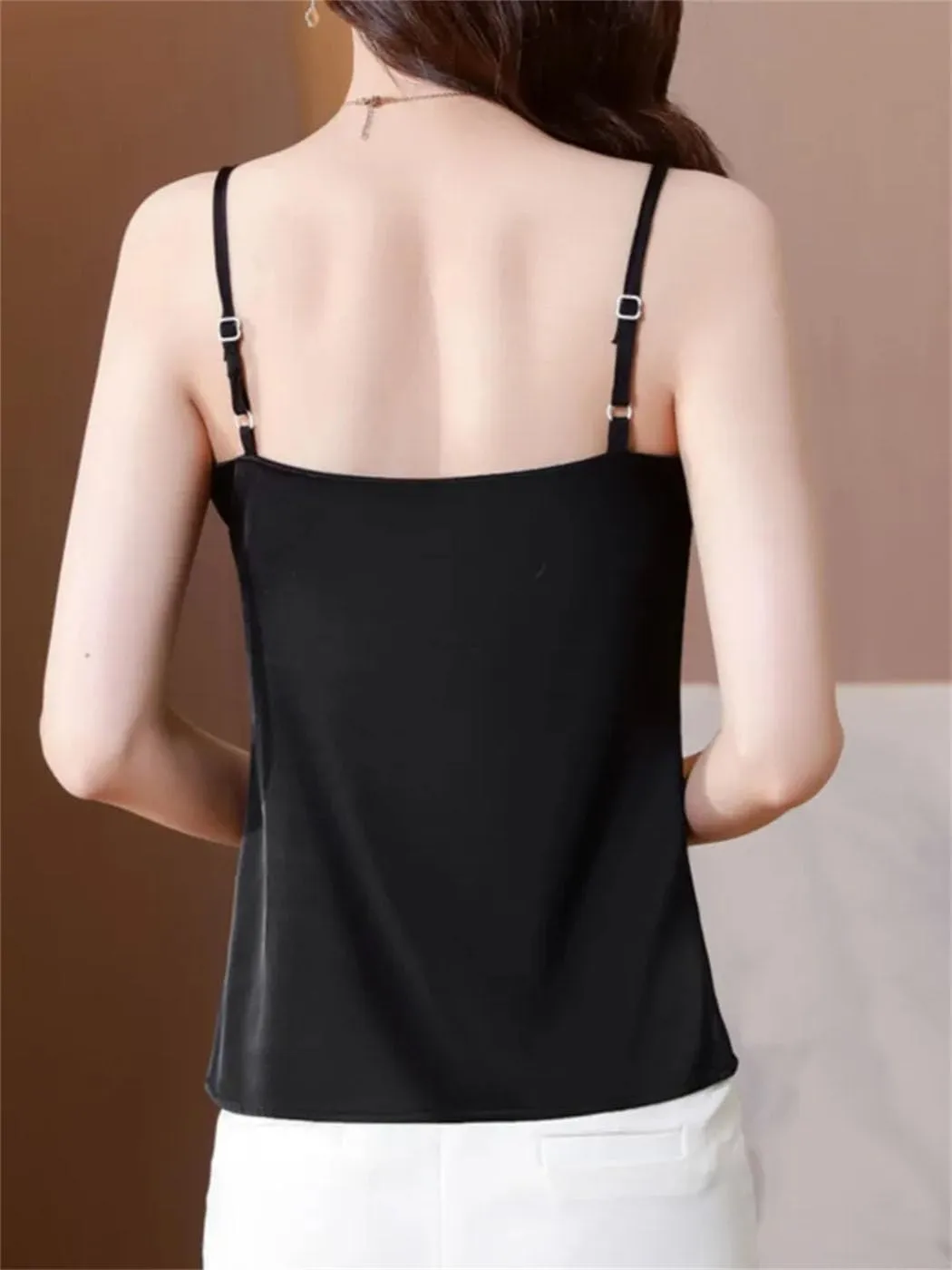 Women's Spaghetti Strap Backless Camisole Satin V-Neck Rhinestones Sexy Party Cropped Tops
