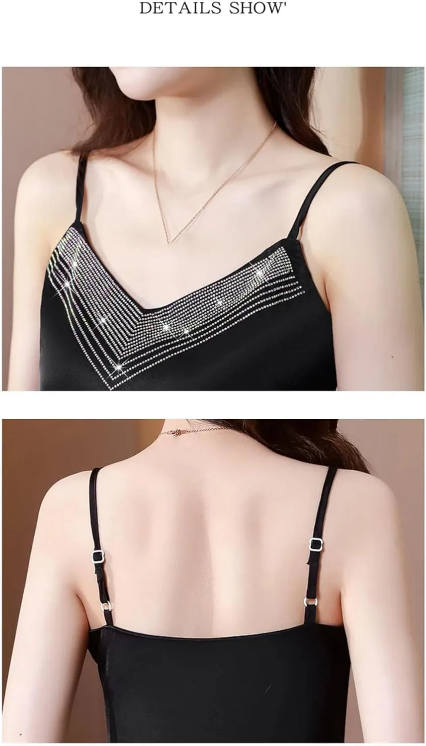 Women's Spaghetti Strap Backless Camisole Satin V-Neck Rhinestones Sexy Party Cropped Tops