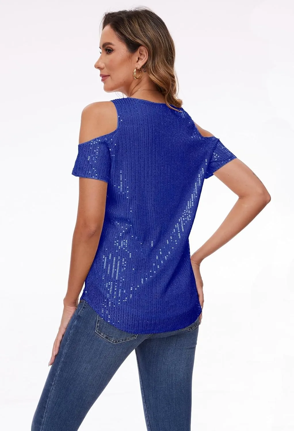 Womens Sparkly Sequin Top V Neck Cold Shoulder Glitter Short Sleeve Dressy Party Blouse Shirts
