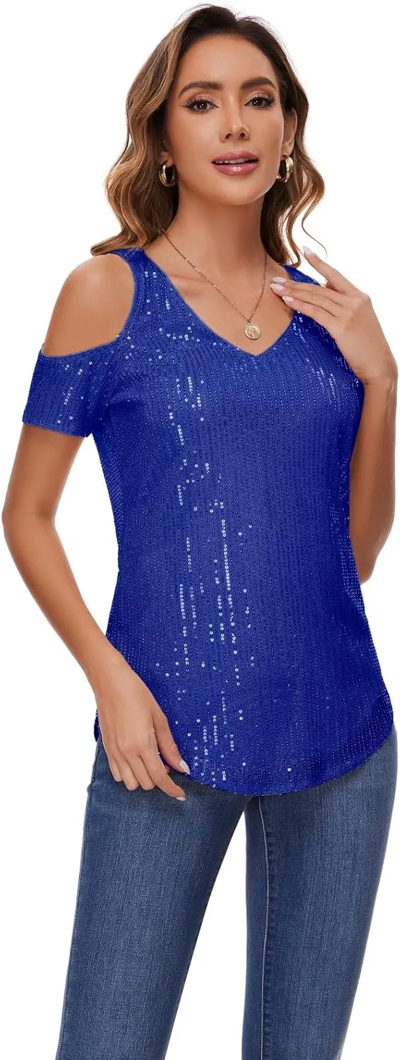 Womens Sparkly Sequin Top V Neck Cold Shoulder Glitter Short Sleeve Dressy Party Blouse Shirts