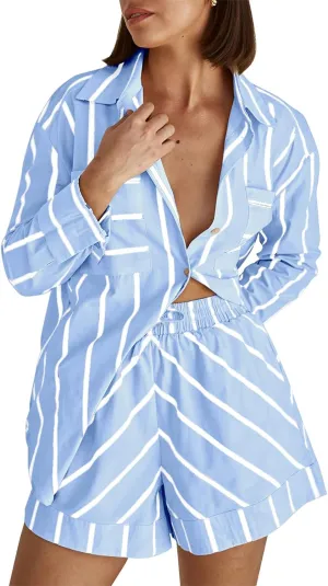 Women's Striped 2 Piece Outfits Casual Button Down Shirts and Shorts Drawstring Pajamas Lounge Matching Sets