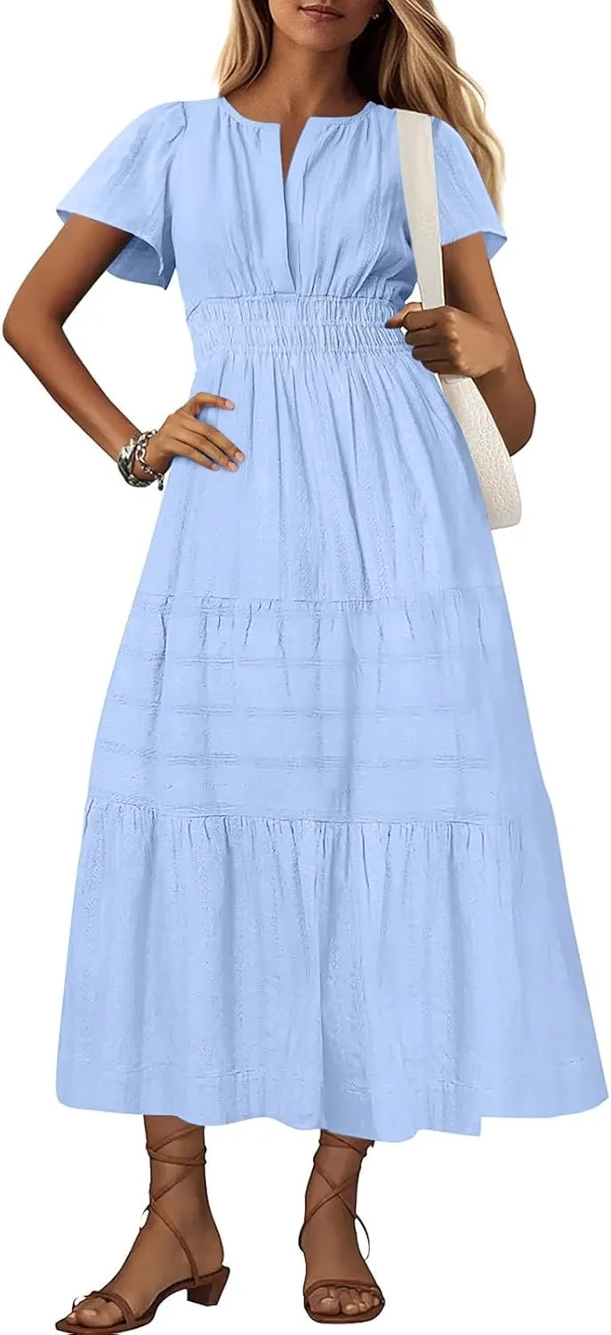 Womens Summer 2025 Casual Midi Dresses Lightweight Short Sleeve V Neck Elastic Waist Boho Beach Dress with Pockets