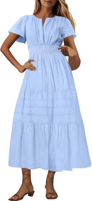 Womens Summer 2025 Casual Midi Dresses Lightweight Short Sleeve V Neck Elastic Waist Boho Beach Dress with Pockets