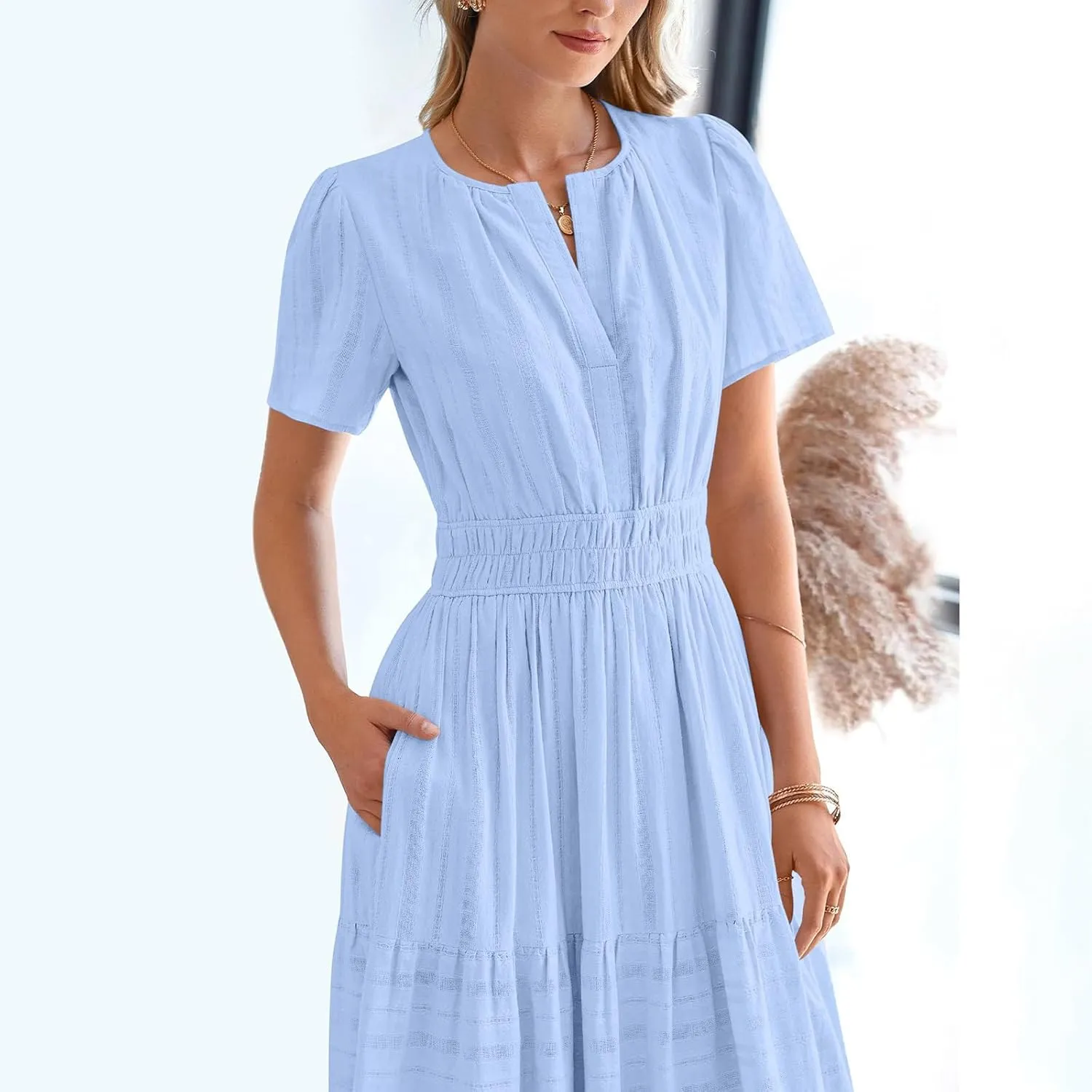 Womens Summer 2025 Casual Midi Dresses Lightweight Short Sleeve V Neck Elastic Waist Boho Beach Dress with Pockets
