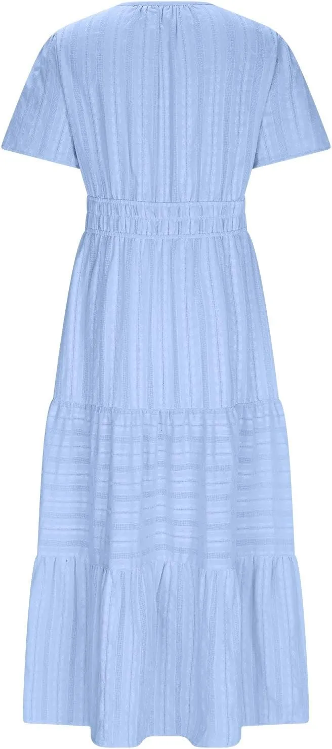 Womens Summer 2025 Casual Midi Dresses Lightweight Short Sleeve V Neck Elastic Waist Boho Beach Dress with Pockets