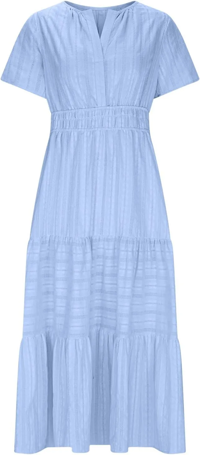 Womens Summer 2025 Casual Midi Dresses Lightweight Short Sleeve V Neck Elastic Waist Boho Beach Dress with Pockets