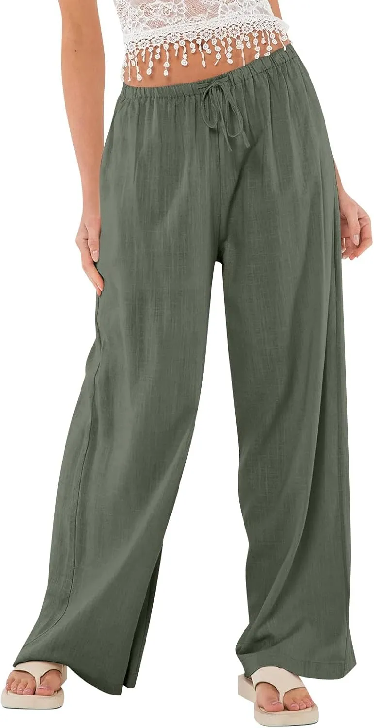 Womens Summer Casual Pant Cotton Linen Button 2025 Flowy Pants & Palazzo Straight High Rise Solid Baggy Clothes Pocket