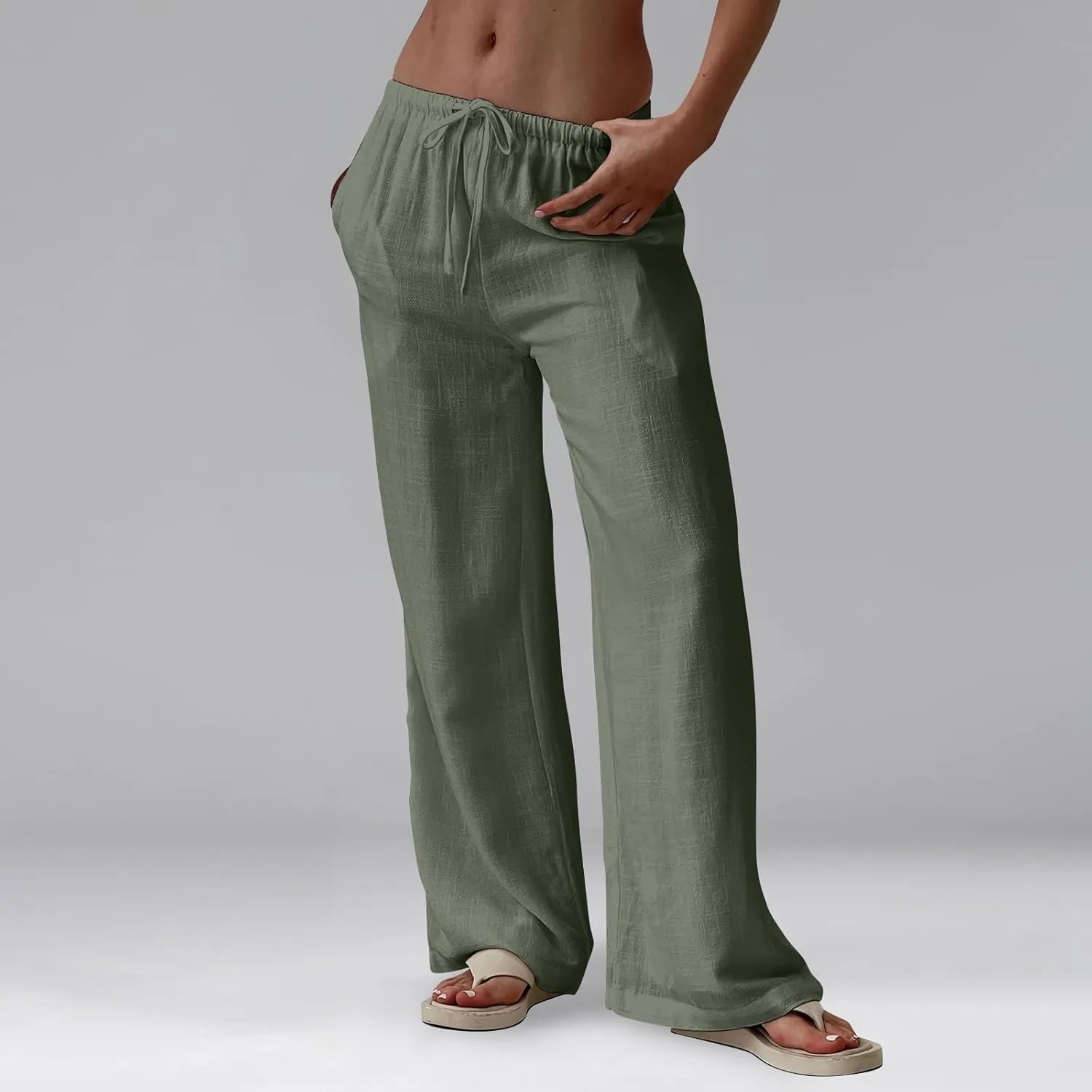 Womens Summer Casual Pant Cotton Linen Button 2025 Flowy Pants & Palazzo Straight High Rise Solid Baggy Clothes Pocket