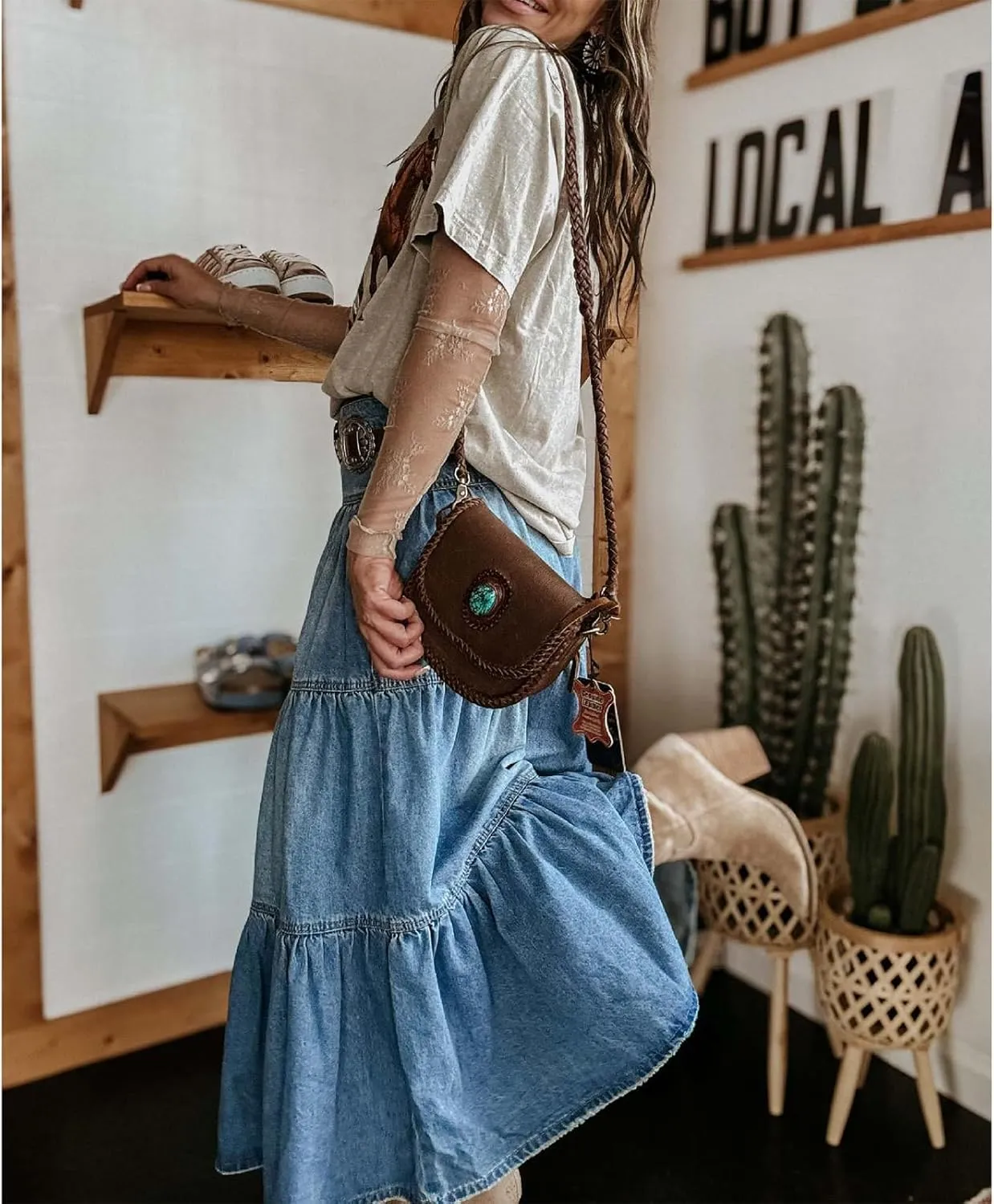 Women's Summer Denim Skirt, Casual Ruffled High-Waisted A-line Denim Skirt