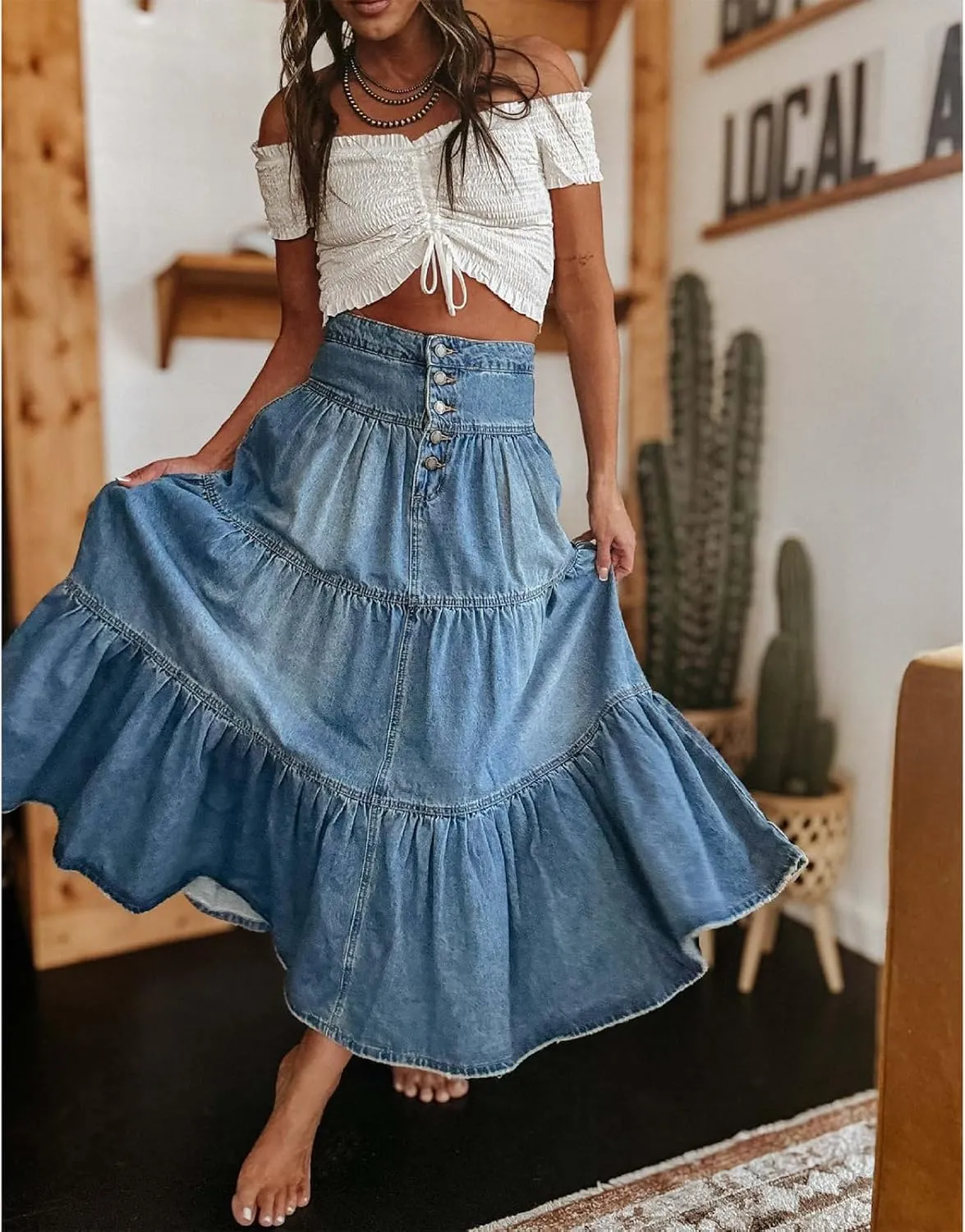 Women's Summer Denim Skirt, Casual Ruffled High-Waisted A-line Denim Skirt