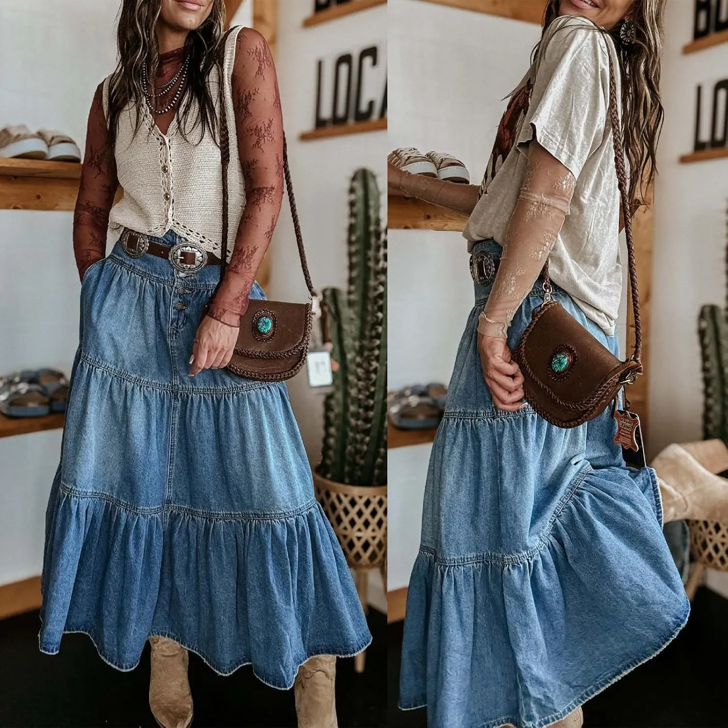 Women's Summer Denim Skirt, Casual Ruffled High-Waisted A-line Denim Skirt