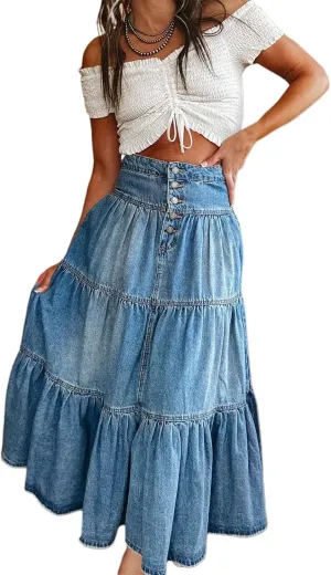 Women's Summer Denim Skirt, Casual Ruffled High-Waisted A-line Denim Skirt