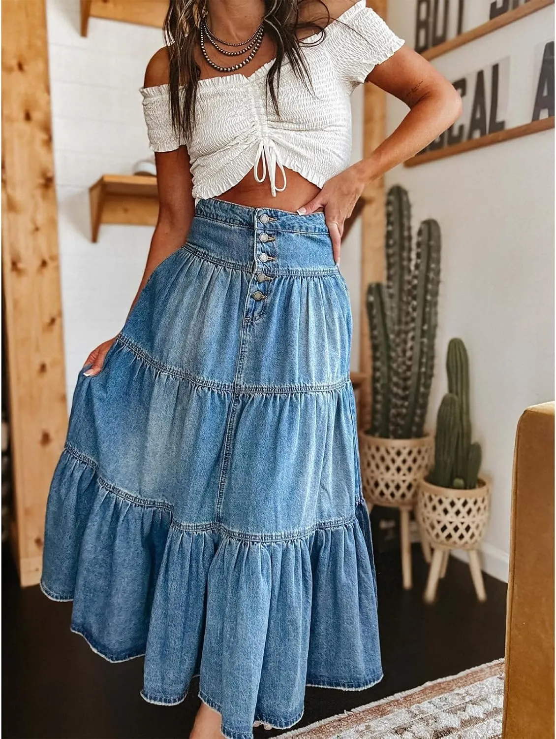 Women's Summer Denim Skirt, Casual Ruffled High-Waisted A-line Denim Skirt