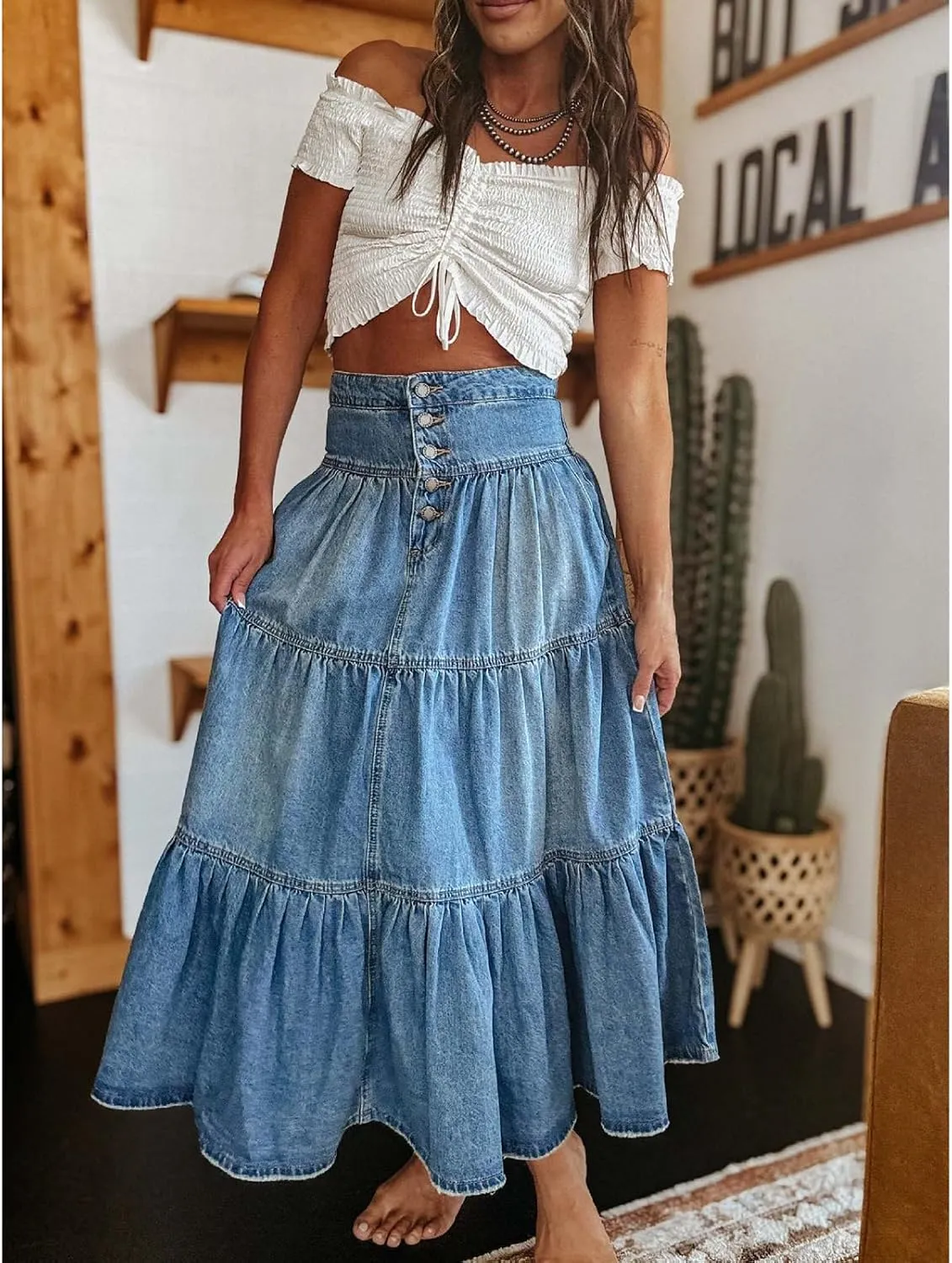 Women's Summer Denim Skirt, Casual Ruffled High-Waisted A-line Denim Skirt