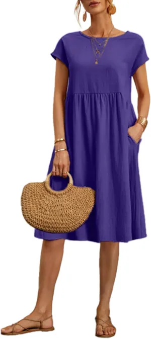Women's Summer Dresses Midi Casual Cap Sleeve Crewneck A Line Swing Flowy Beach Sundress with Pockets