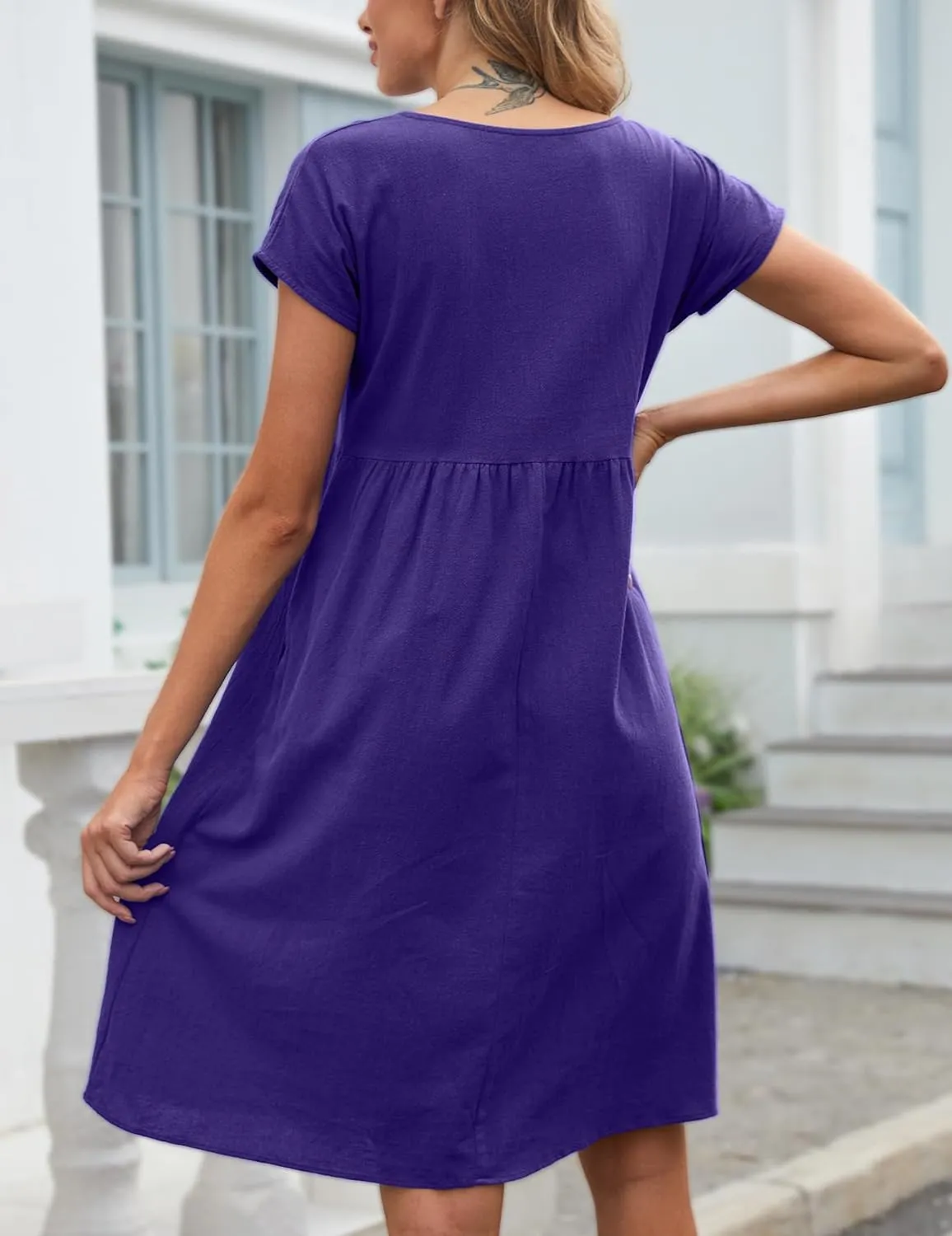 Women's Summer Dresses Midi Casual Cap Sleeve Crewneck A Line Swing Flowy Beach Sundress with Pockets