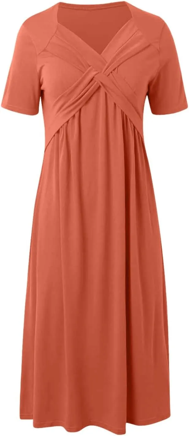 Women's Summer Dresses Short Sleeve V Neck Casual Boho Maxi Beach Dress Plus Size Flowy Long Sundress with Pockets