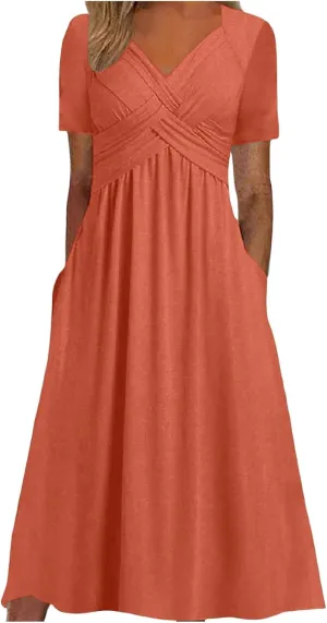 Women's Summer Dresses Short Sleeve V Neck Casual Boho Maxi Beach Dress Plus Size Flowy Long Sundress with Pockets