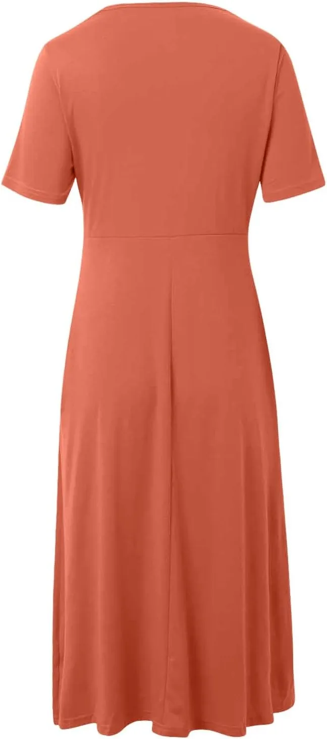 Women's Summer Dresses Short Sleeve V Neck Casual Boho Maxi Beach Dress Plus Size Flowy Long Sundress with Pockets