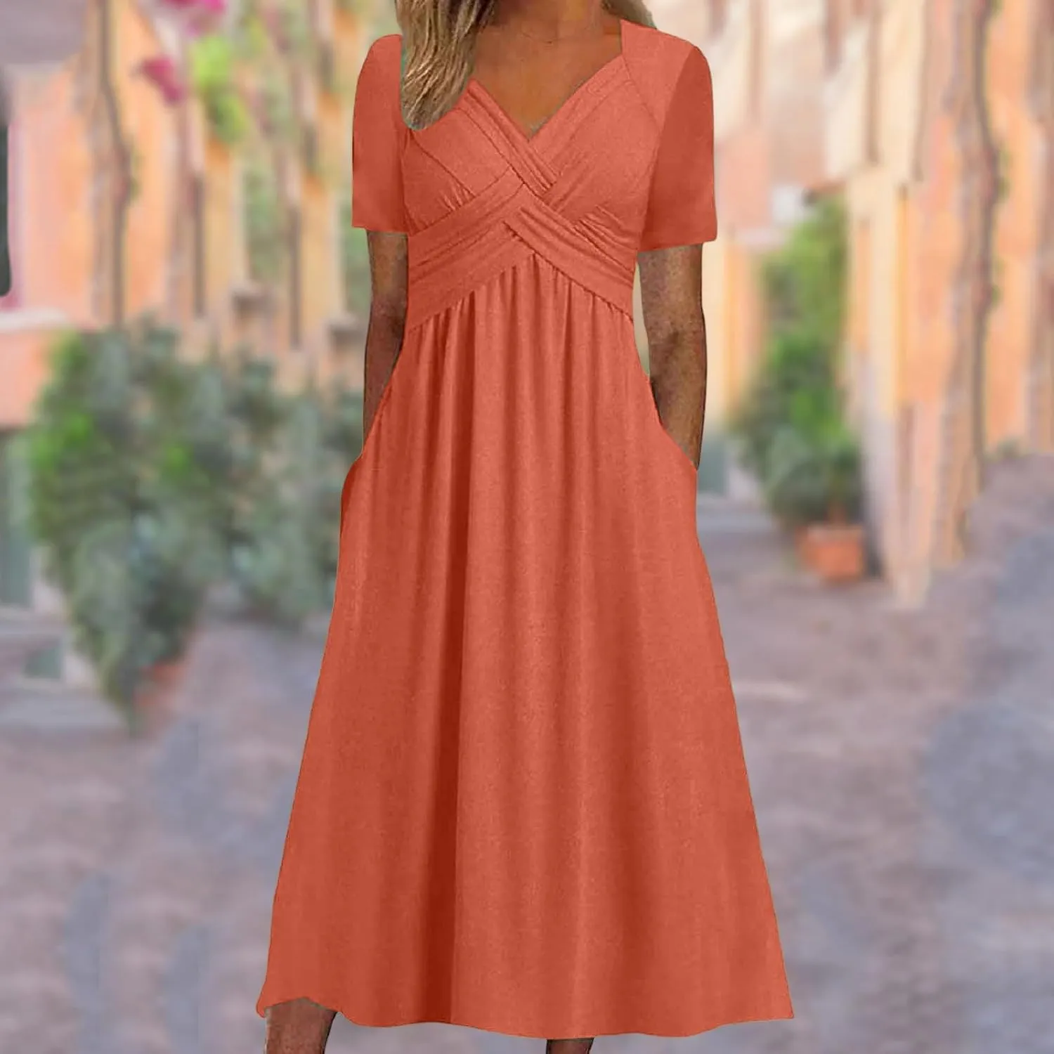 Women's Summer Dresses Short Sleeve V Neck Casual Boho Maxi Beach Dress Plus Size Flowy Long Sundress with Pockets