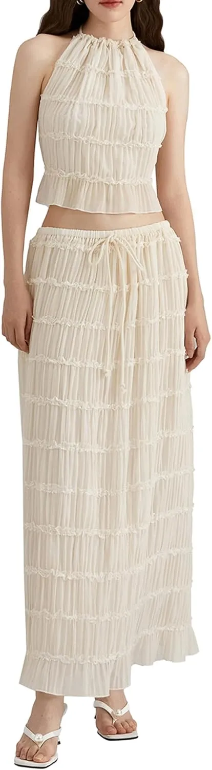 Womens Summer Outfits 2 Piece Beachwear Sexy Backless Ruched Halter Crop Top Matching Pleated Maxi Skirt Sets