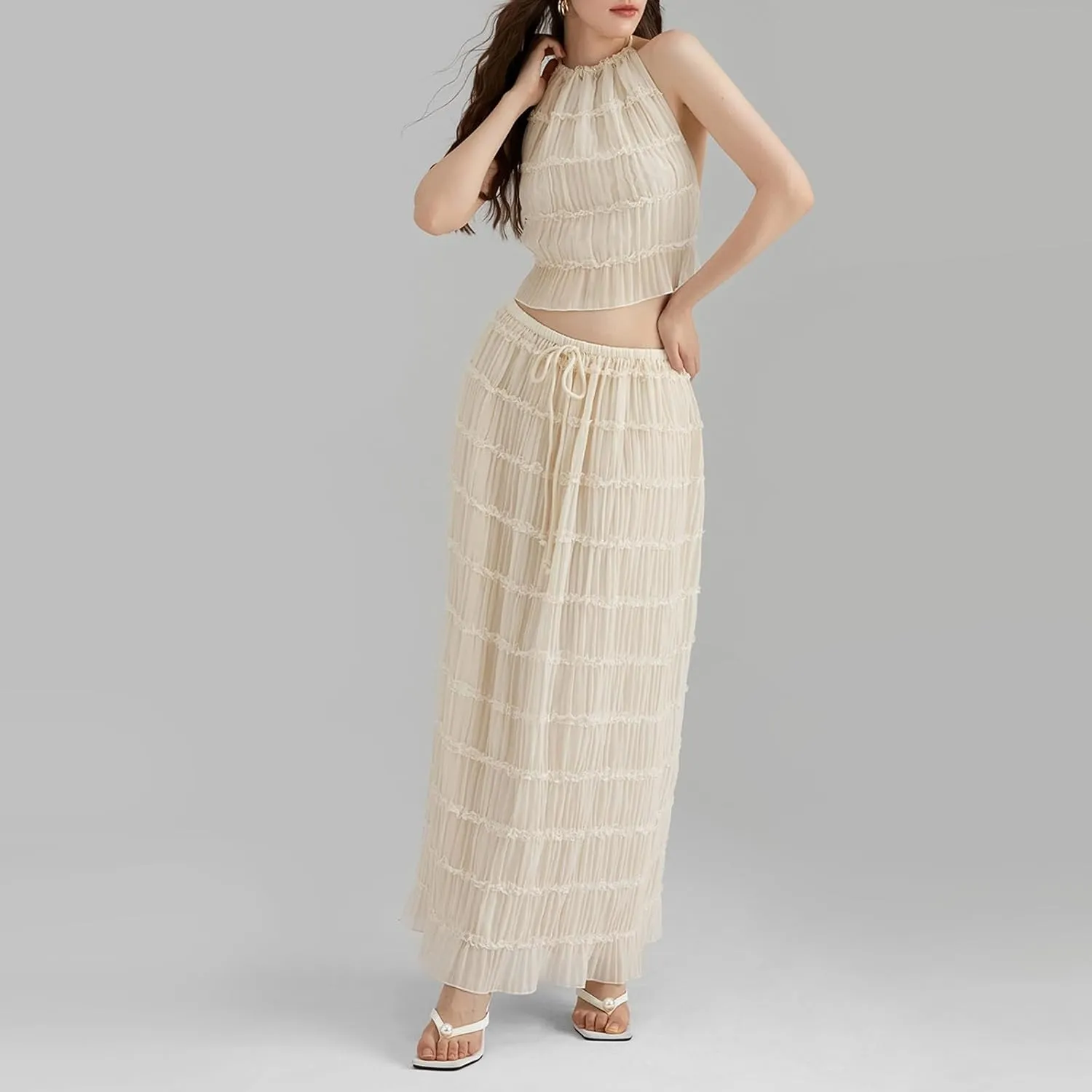 Womens Summer Outfits 2 Piece Beachwear Sexy Backless Ruched Halter Crop Top Matching Pleated Maxi Skirt Sets