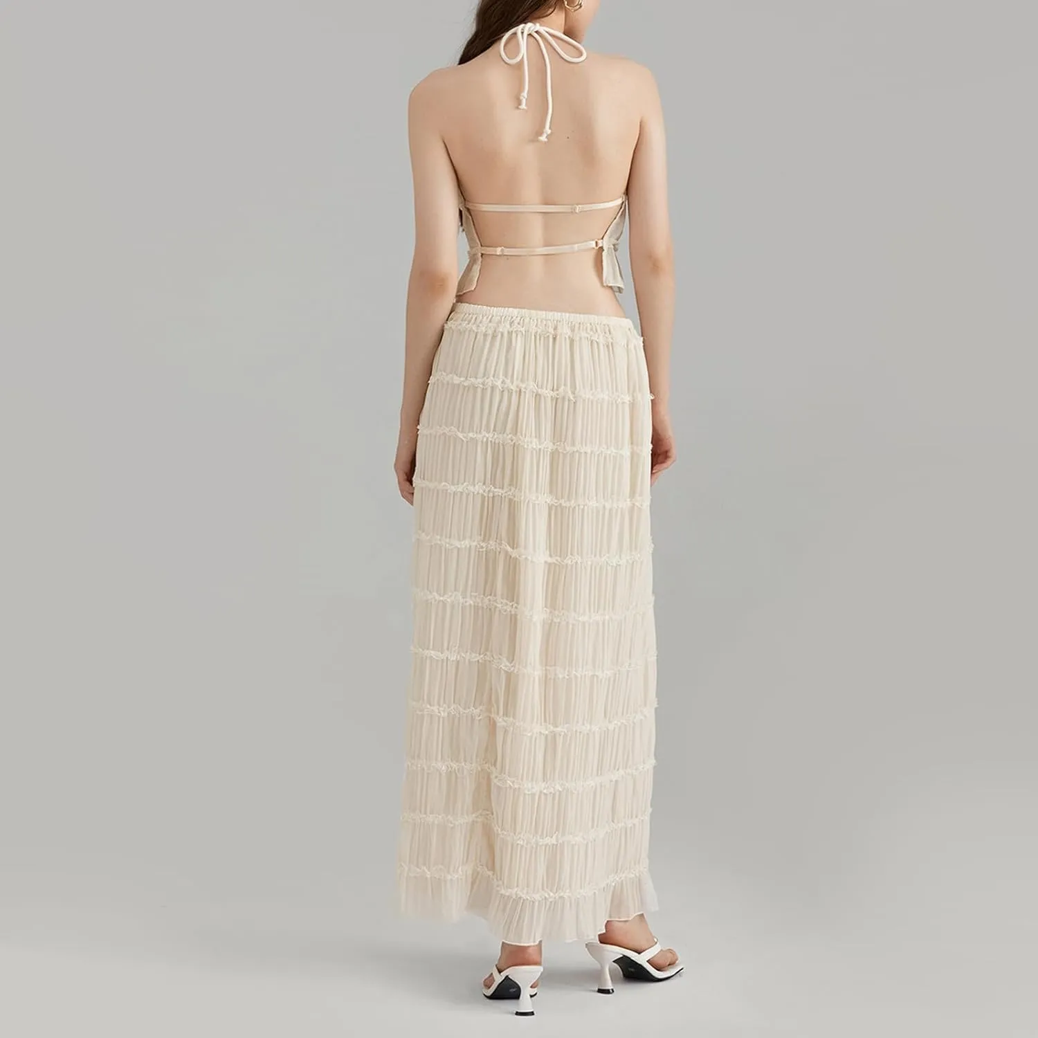 Womens Summer Outfits 2 Piece Beachwear Sexy Backless Ruched Halter Crop Top Matching Pleated Maxi Skirt Sets