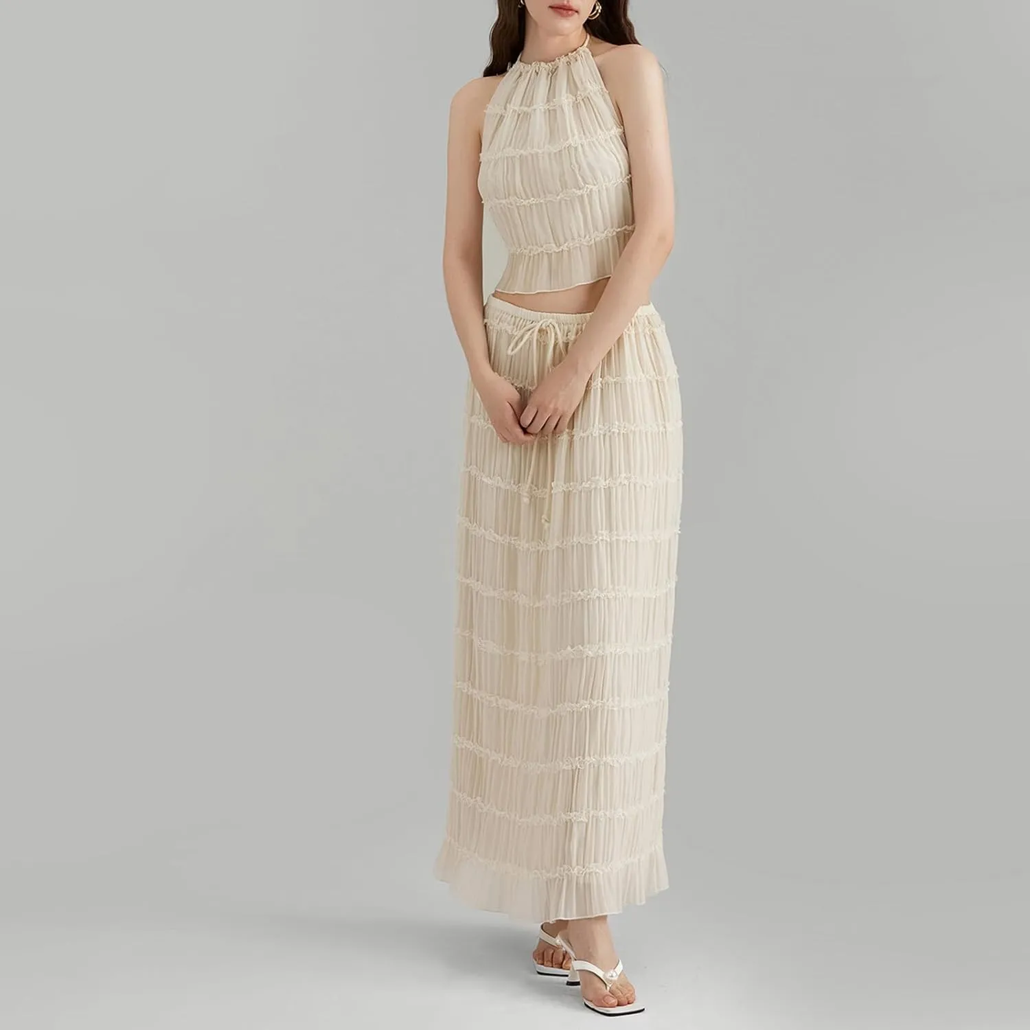 Womens Summer Outfits 2 Piece Beachwear Sexy Backless Ruched Halter Crop Top Matching Pleated Maxi Skirt Sets