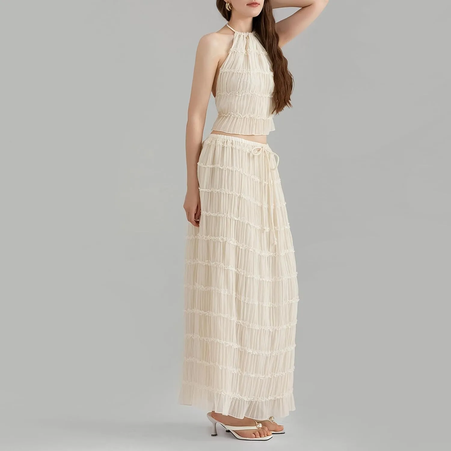 Womens Summer Outfits 2 Piece Beachwear Sexy Backless Ruched Halter Crop Top Matching Pleated Maxi Skirt Sets