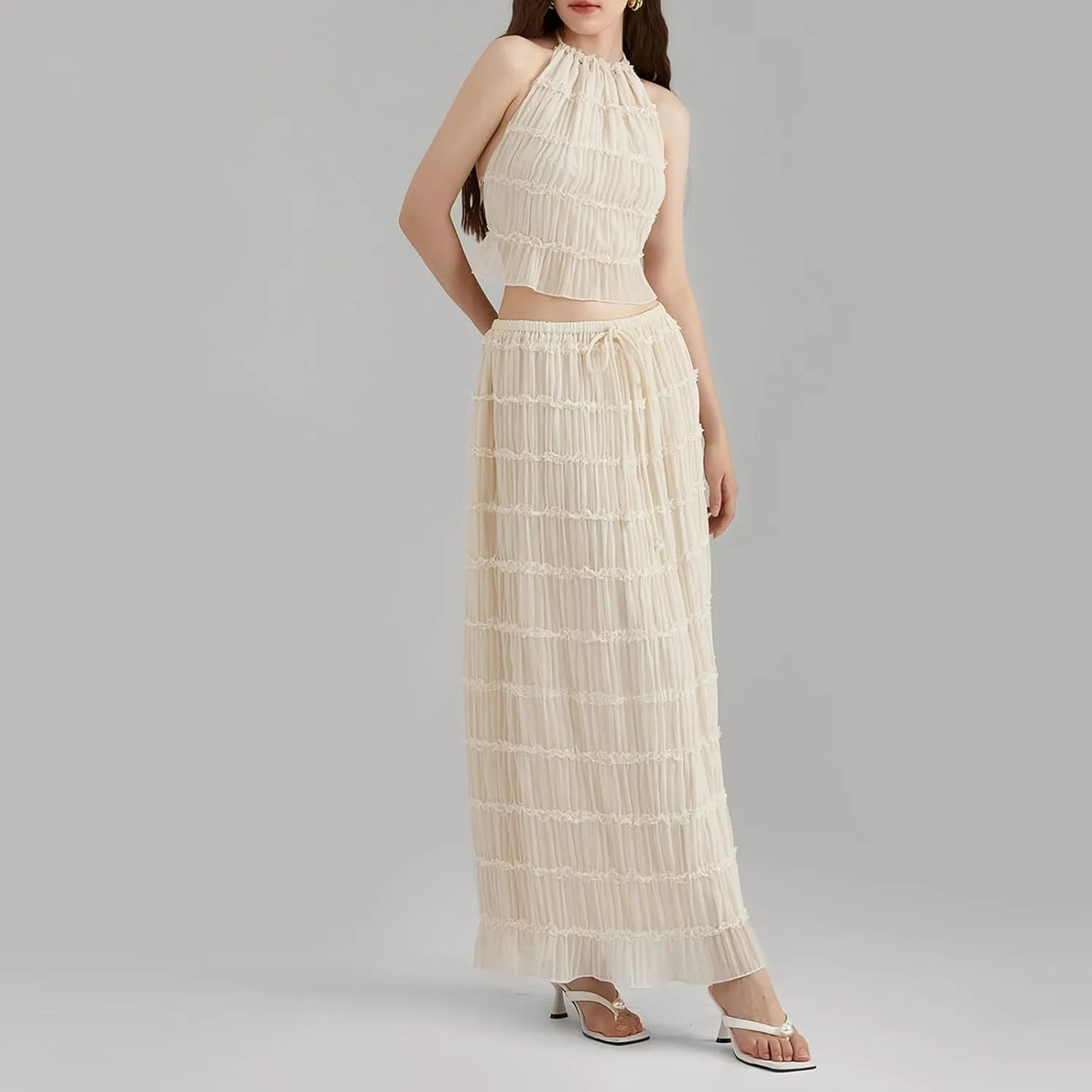 Womens Summer Outfits 2 Piece Beachwear Sexy Backless Ruched Halter Crop Top Matching Pleated Maxi Skirt Sets