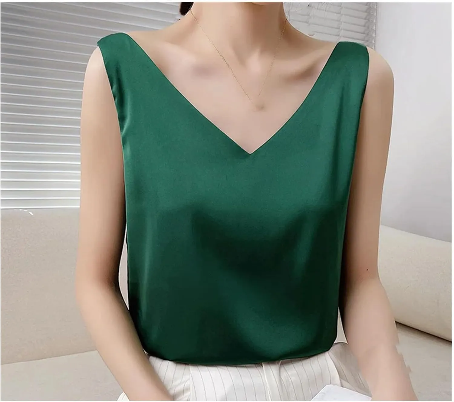 Women's Summer Satin Silk Tank Tops V Neck Camisole Cami Loose Sleeveless Top
