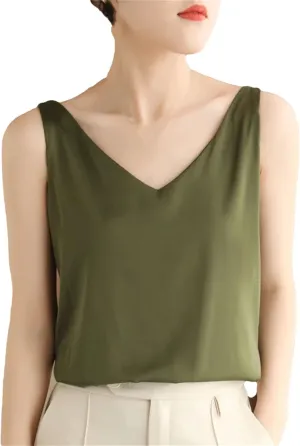 Women's Summer Satin Silk Tank Tops V Neck Camisole Cami Loose Sleeveless Top