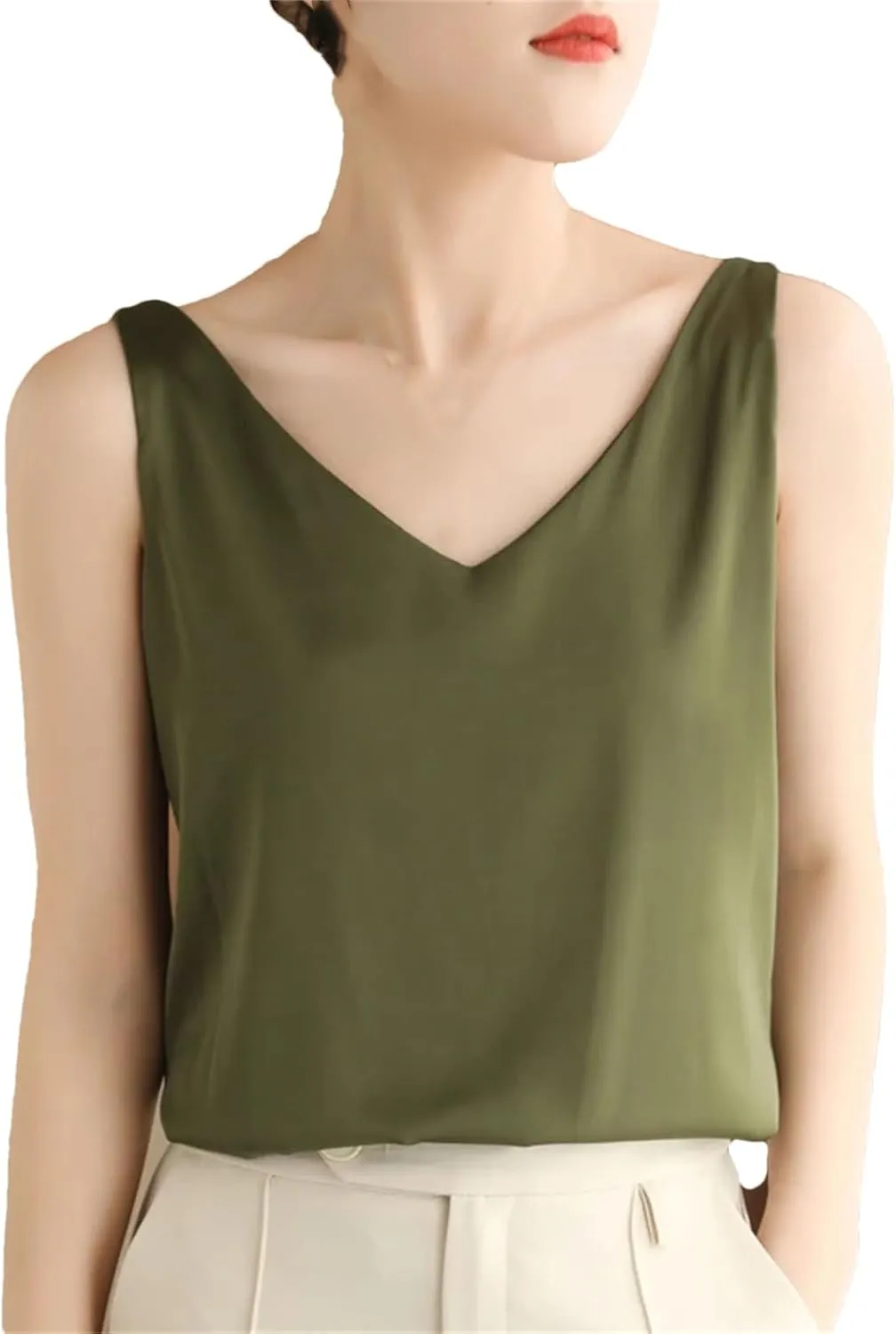 Women's Summer Satin Silk Tank Tops V Neck Camisole Cami Loose Sleeveless Top