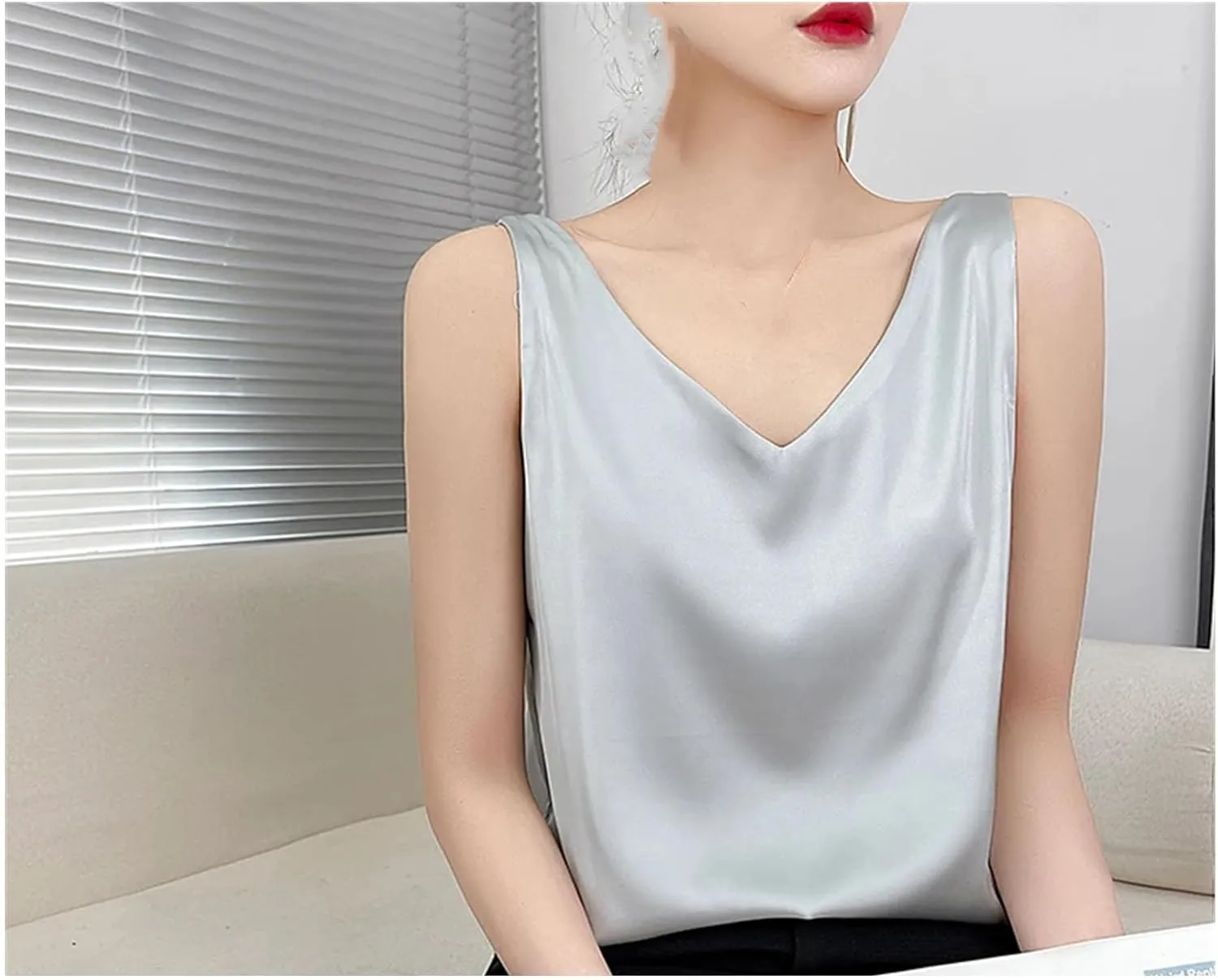 Women's Summer Satin Silk Tank Tops V Neck Camisole Cami Loose Sleeveless Top