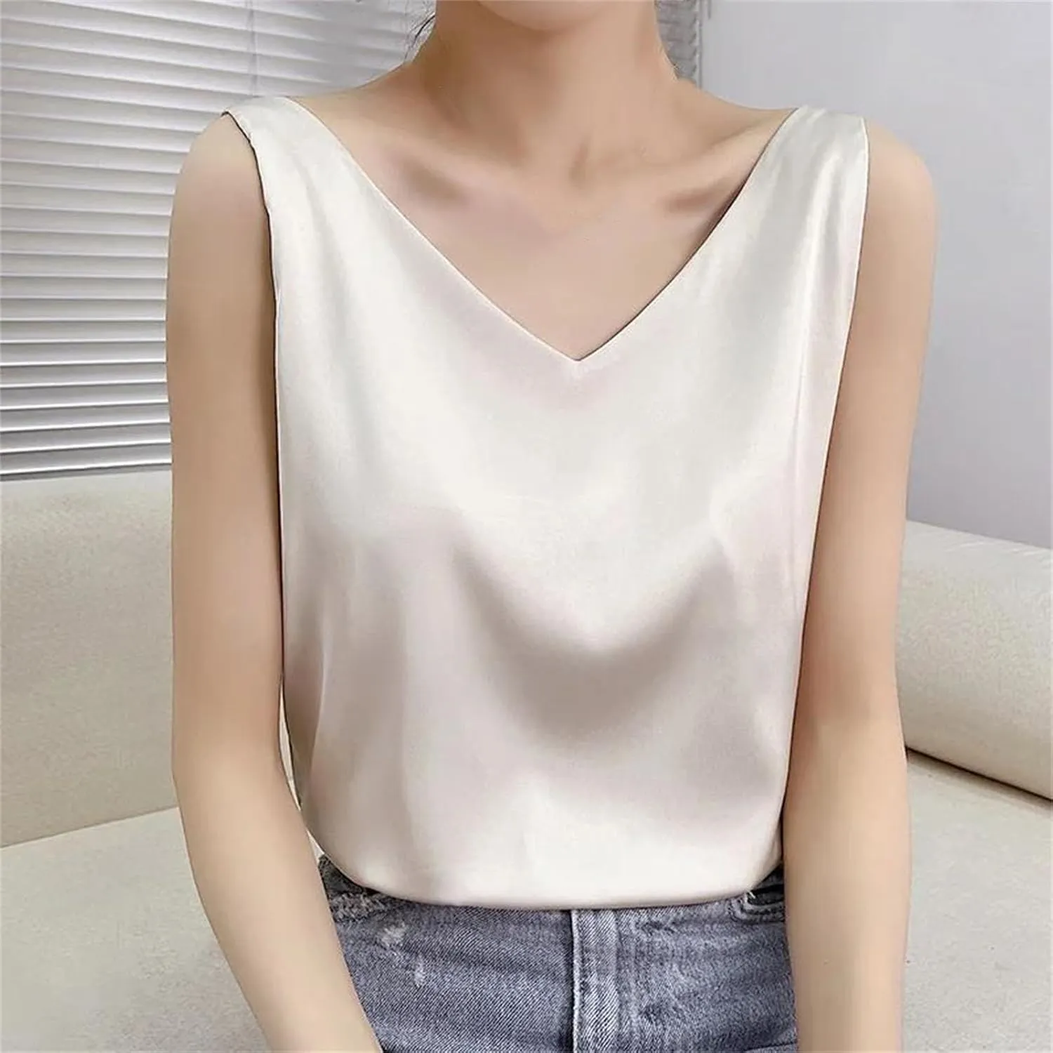 Women's Summer Satin Silk Tank Tops V Neck Camisole Cami Loose Sleeveless Top