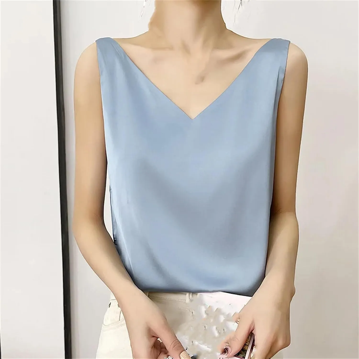 Women's Summer Satin Silk Tank Tops V Neck Camisole Cami Loose Sleeveless Top