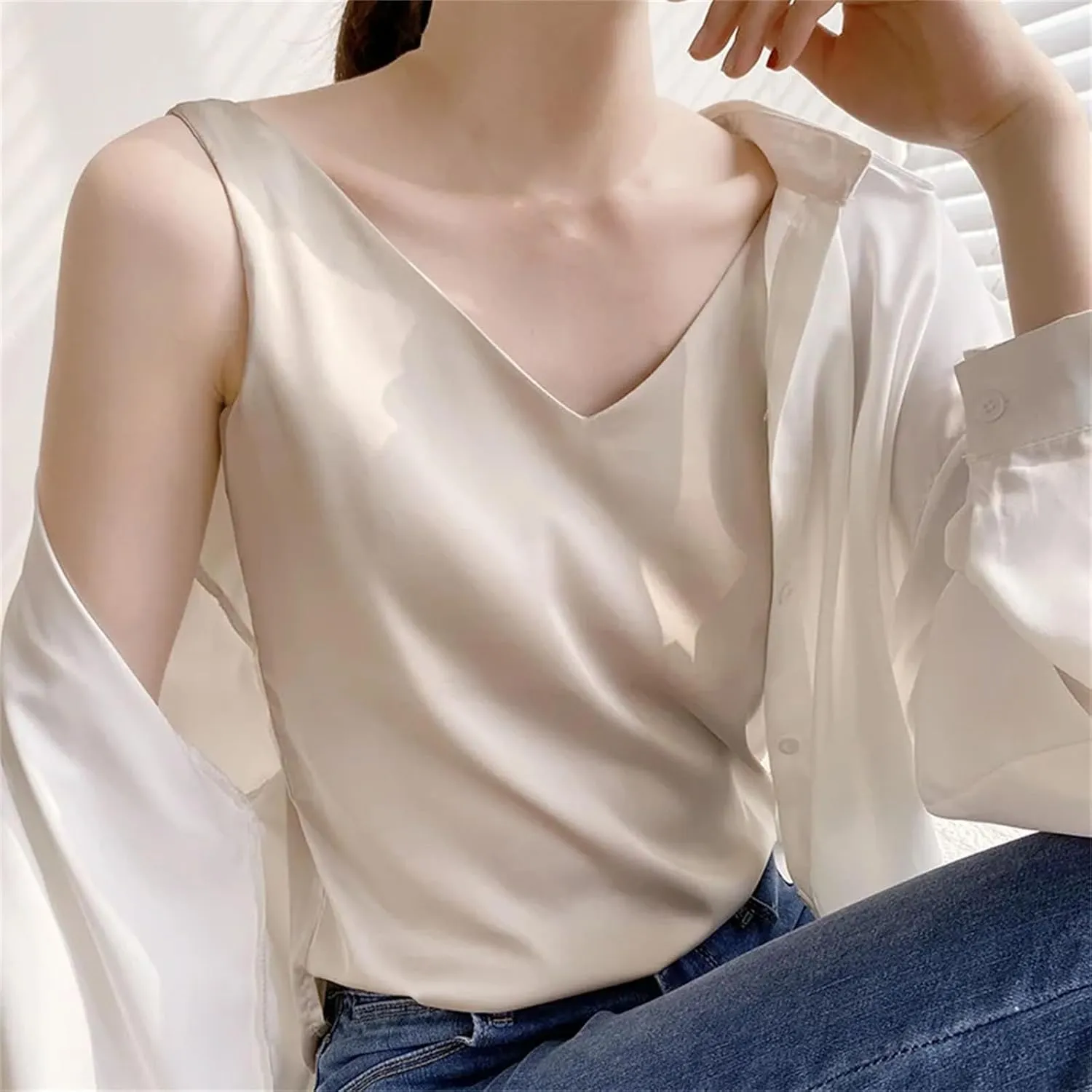Women's Summer Satin Silk Tank Tops V Neck Camisole Cami Loose Sleeveless Top