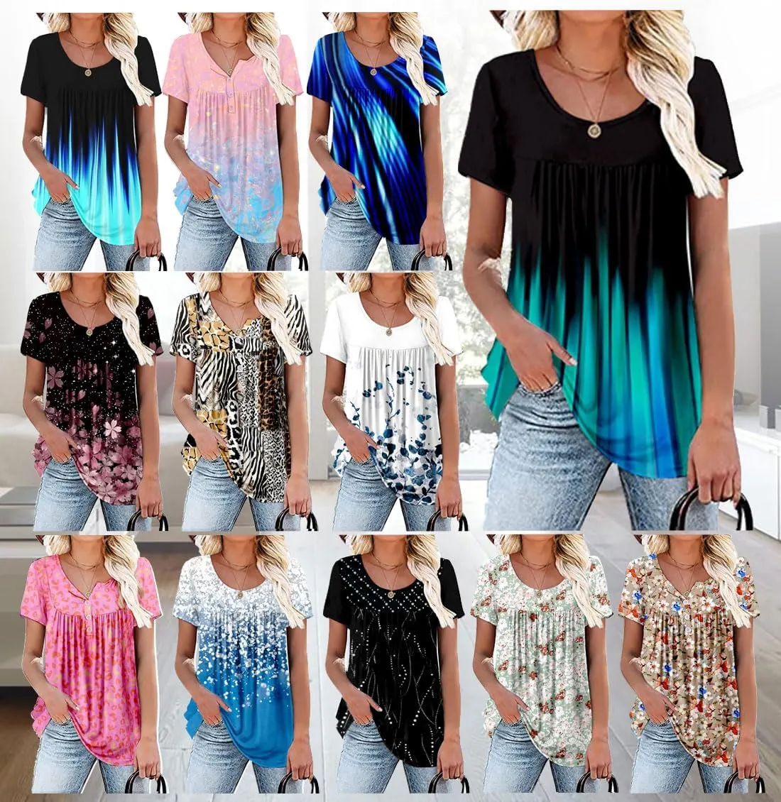 Women's Summer Short Sleeve Tunic Plus size ladies shirts Floral Blouse Loose Flowy Tops for Leggings M-4XL
